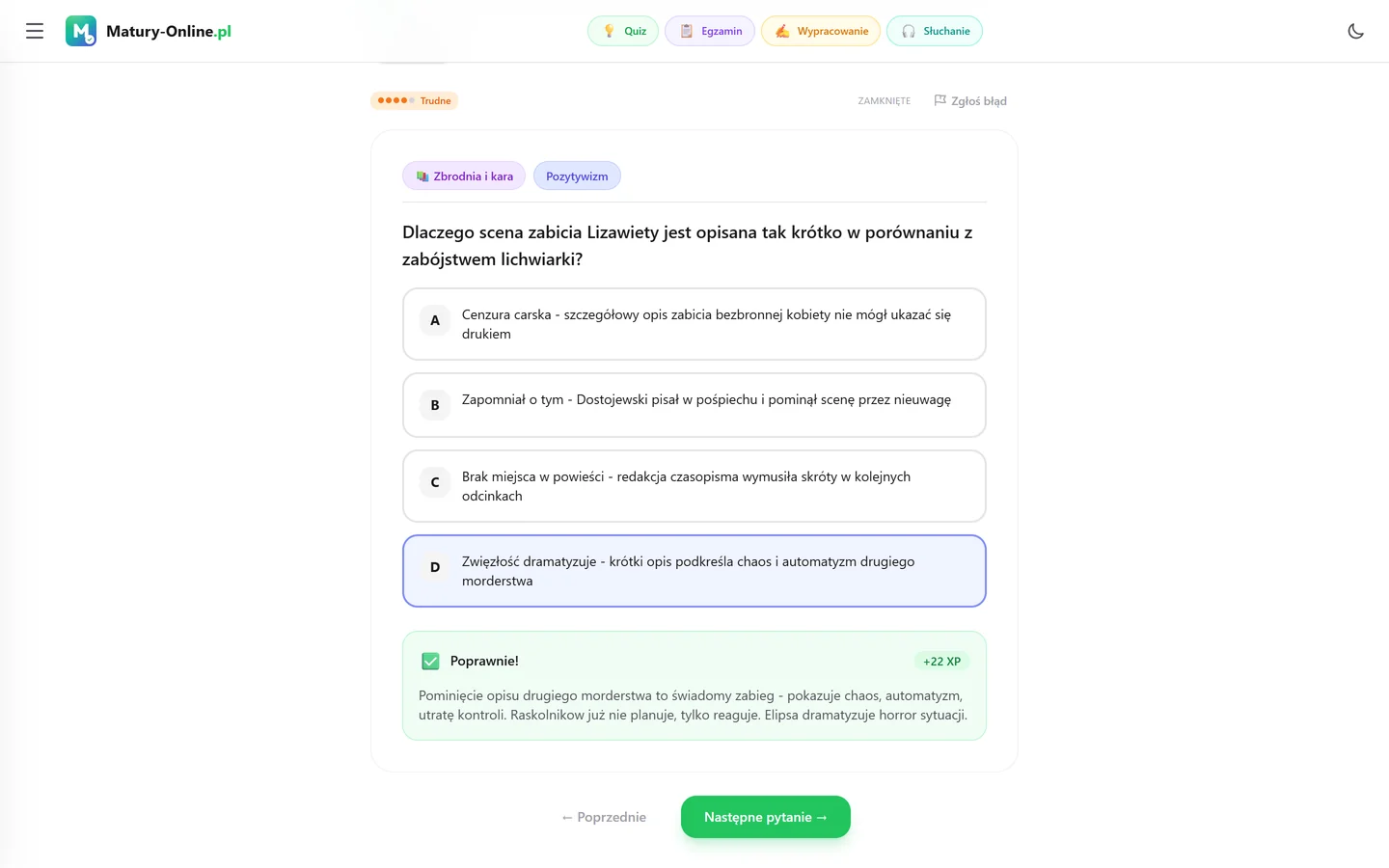 Quiz w Matury Online: pytanie z tematu „Zbrodnia i kara”