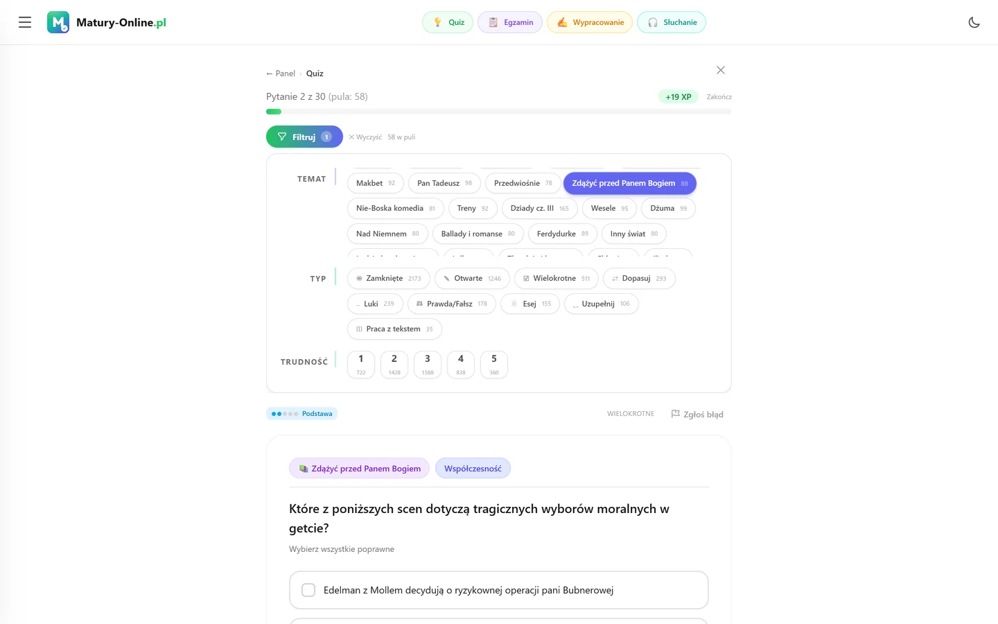 Quiz w Matury Online: panel „Filtruj” z zaznaczonym tematem „Zdążyć przed Panem Bogiem”, pod spodem pytanie z tego tematu
