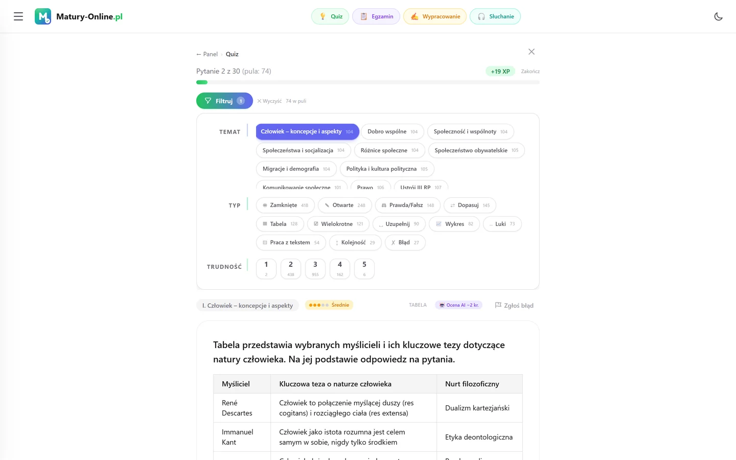 Quiz w Matury Online: panel „Filtruj” z zaznaczonym tematem „Koncepcje człowieka”, pod spodem pytanie z tego tematu