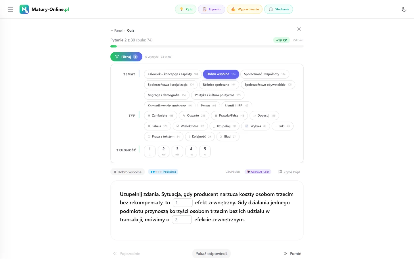 Quiz w Matury Online: panel „Filtruj” z zaznaczonym tematem „Dobro wspólne”, pod spodem pytanie z tego tematu