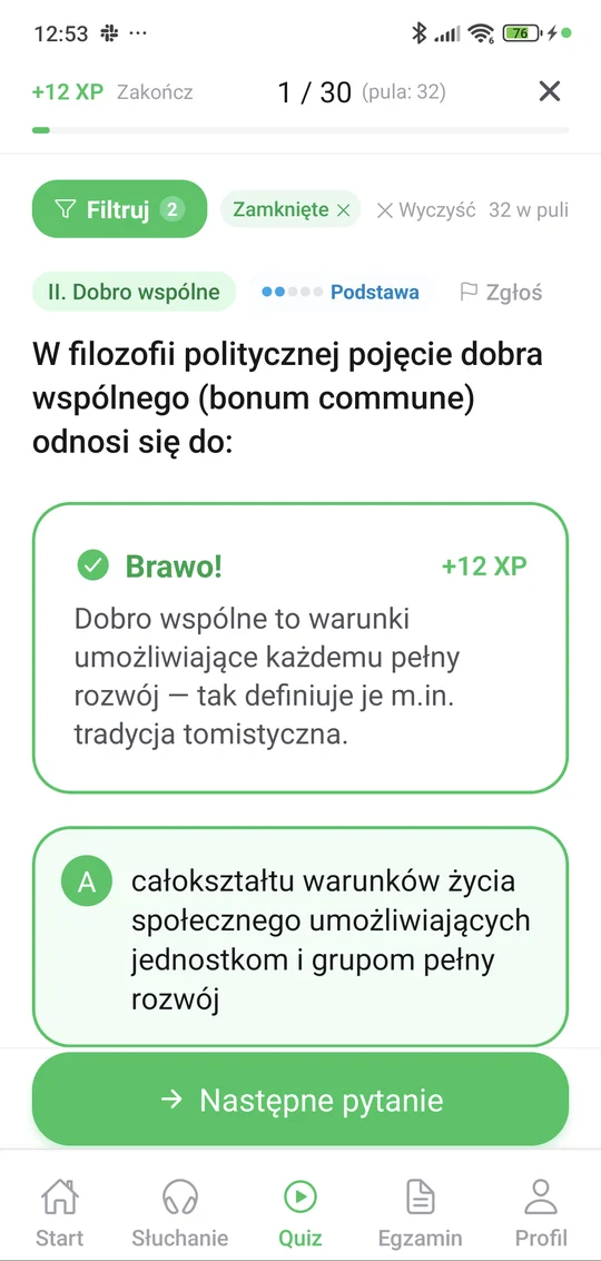 Sprawdzian z dobra wspólnego w aplikacji Matury Online: pytanie z tematu „Dobro wspólne” i wyjaśnienie po odpowiedzi