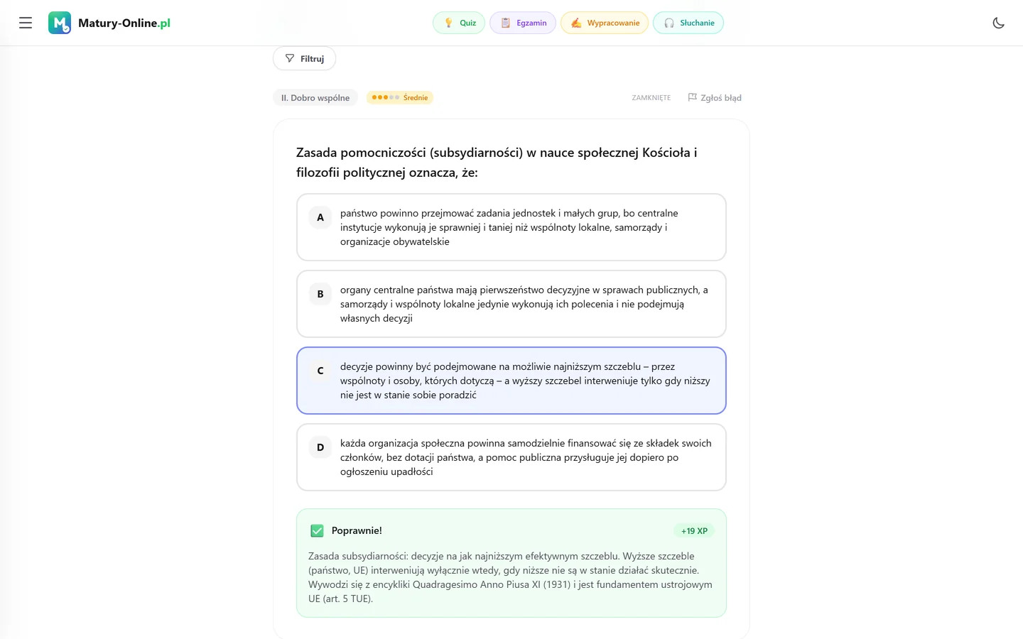 Quiz w Matury Online: pytanie z tematu „Dobro wspólne”