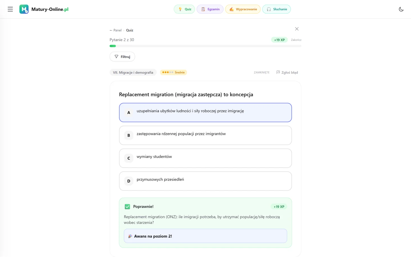 Quiz w Matury Online: pytanie z tematu „Migracje i demografia”