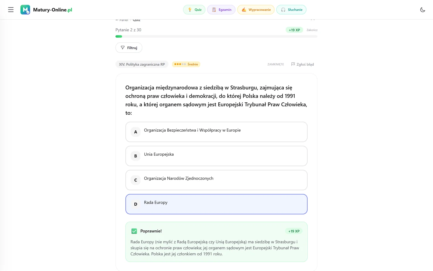 Quiz w Matury Online: pytanie z tematu „Polityka zagraniczna RP”