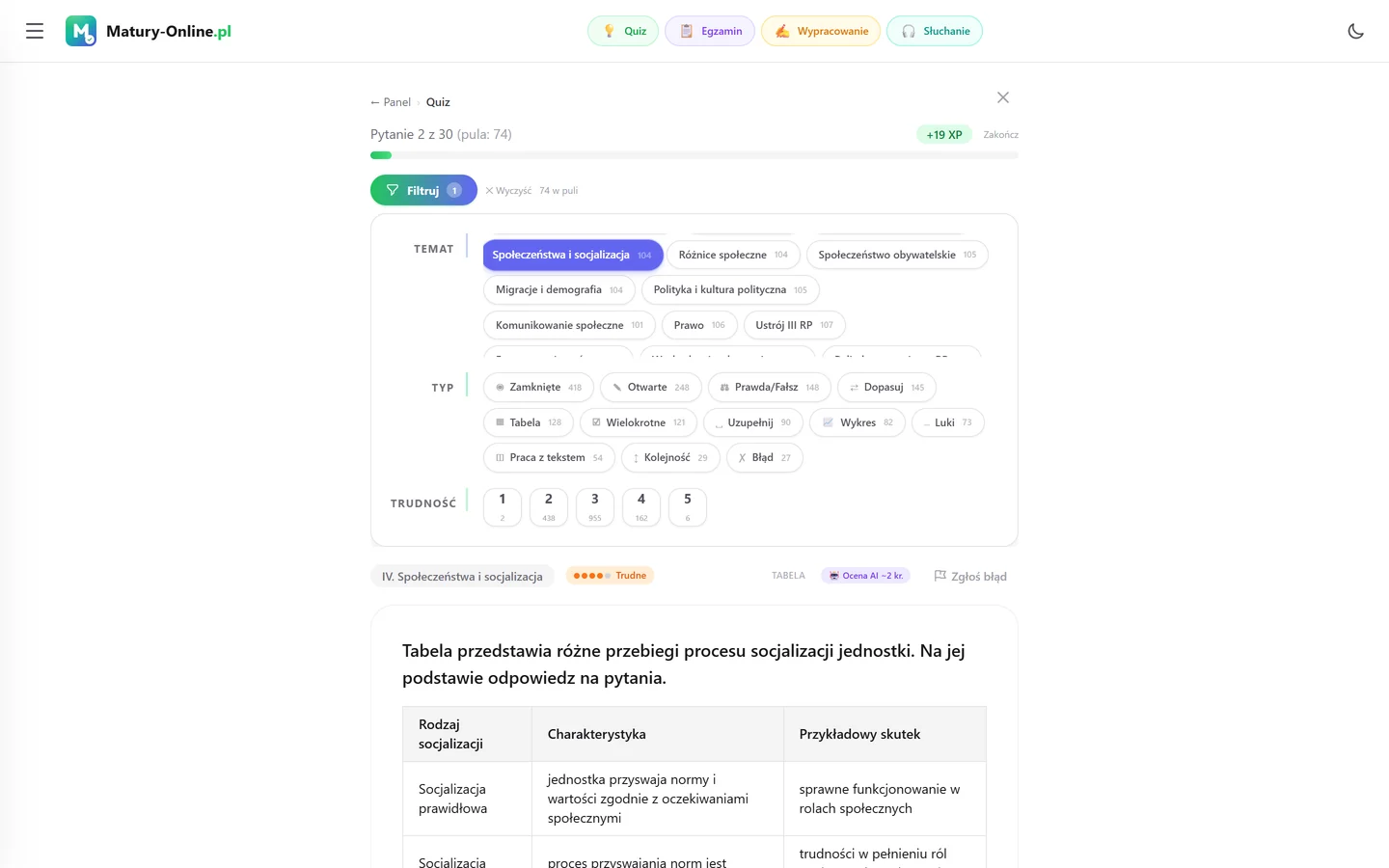 Quiz w Matury Online: panel „Filtruj” z zaznaczonym tematem „Społeczeństwa i socjalizacja”, pod spodem pytanie z tego tematu