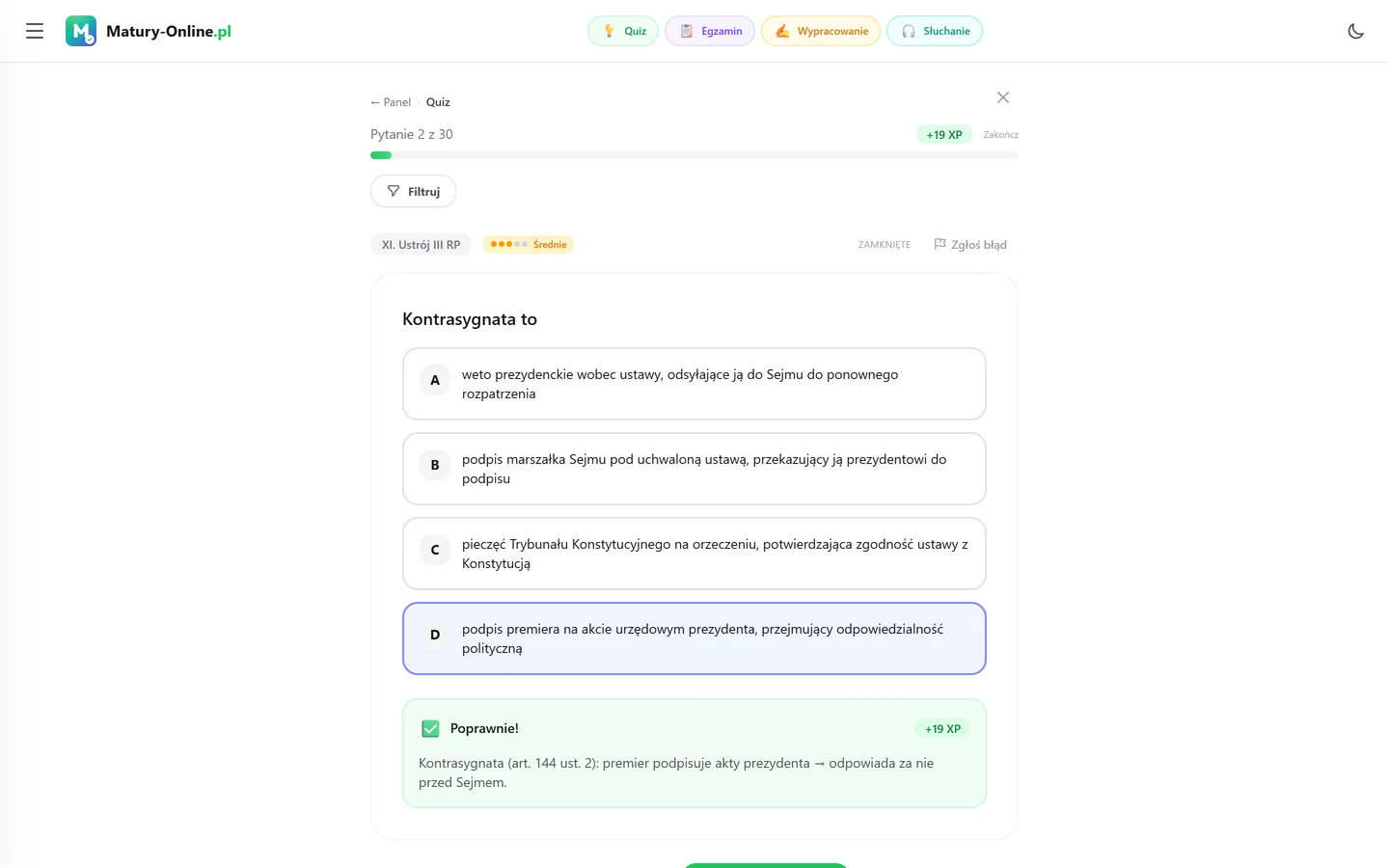 Quiz w Matury Online: pytanie z tematu „Ustrój III RP”
