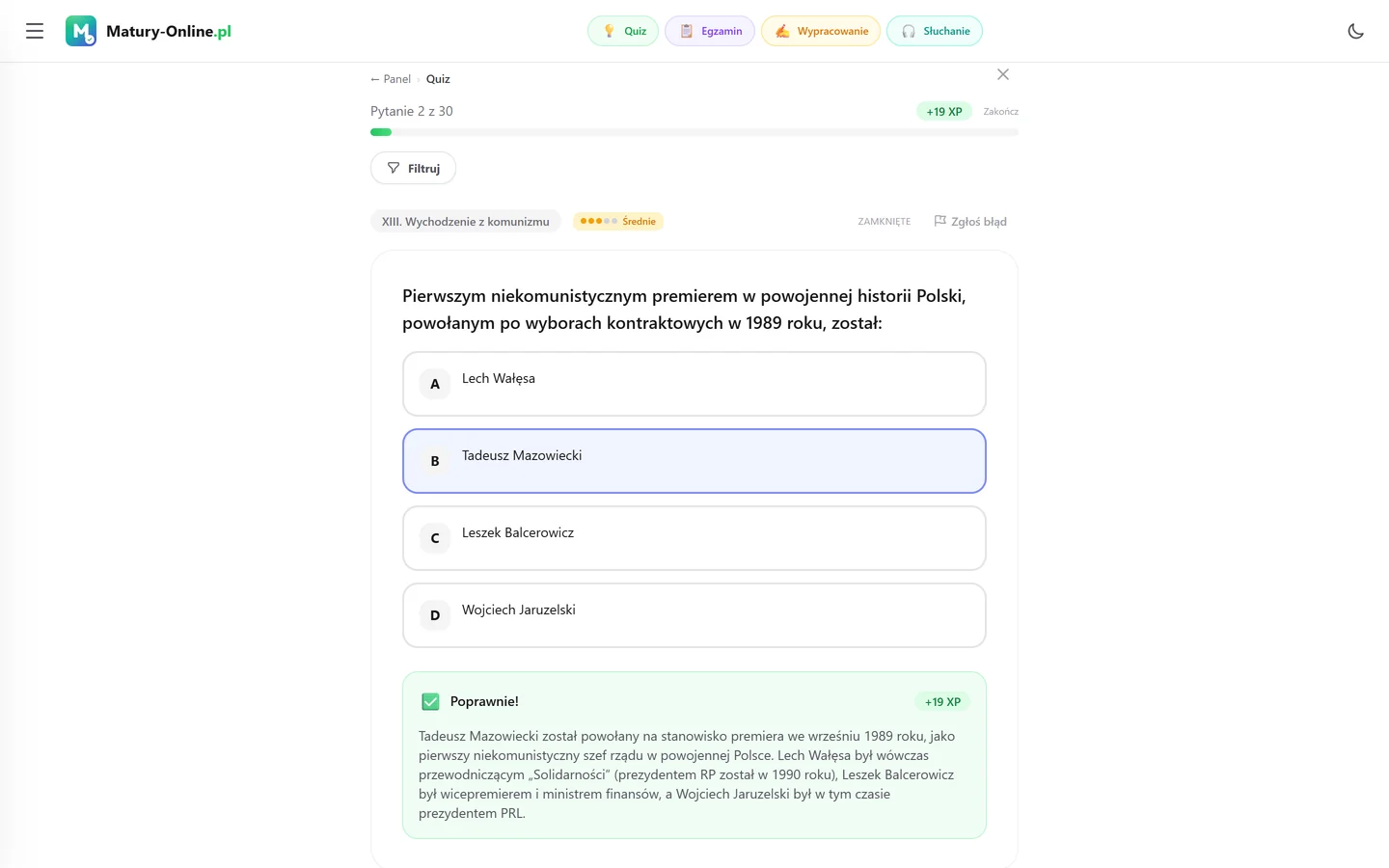 Quiz w Matury Online: pytanie z tematu „Wychodzenie z komunizmu”