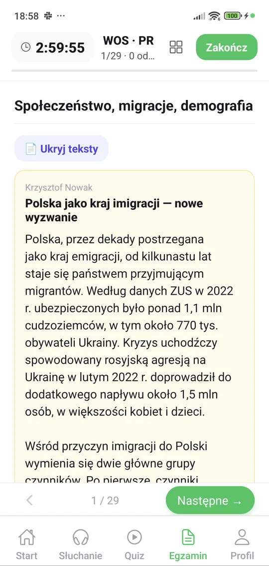 Arkusz maturalny z WOS w aplikacji Matury Online na telefonie