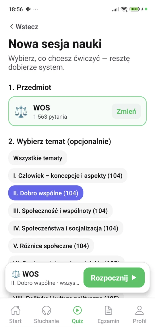 Aplikacja Matury Online: nowa sesja z WOS-u z wyborem działu