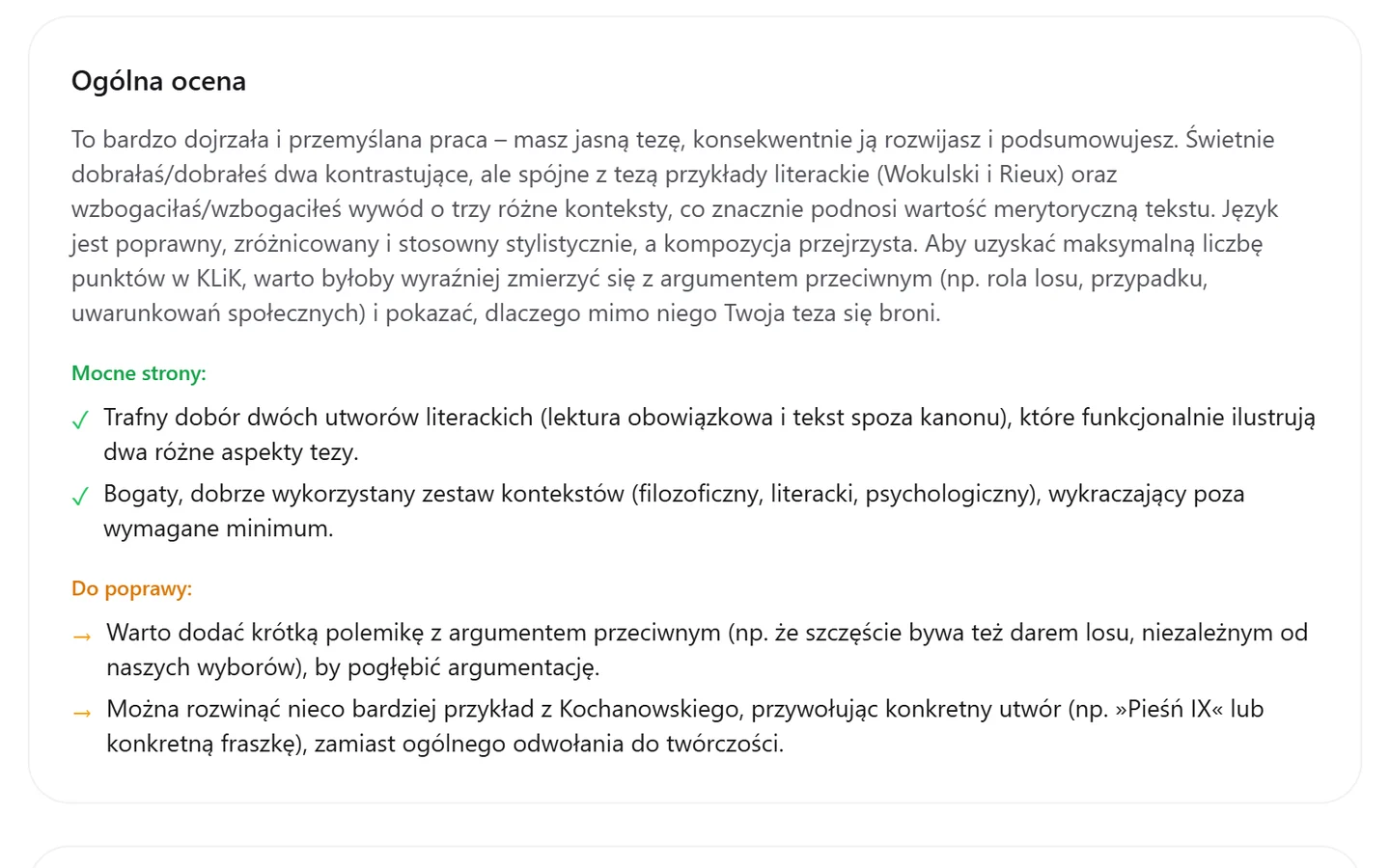 Ogólna ocena wypracowania o szczęściu (Lalka, Dżuma, konteksty filozoficzne) z listą mocnych stron i dwiema wskazówkami do poprawy