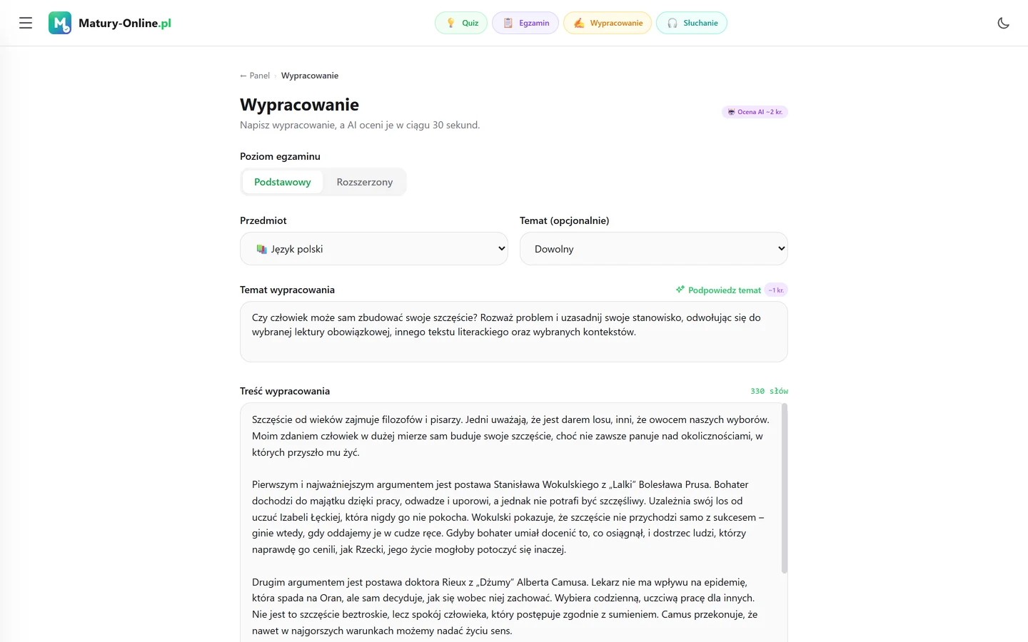 Formularz Wypracowanie w Matury Online — poziom podstawowy lub rozszerzony, przedmiot Język polski, temat o szczęściu, treść z licznikiem 330 słów i przycisk „Oceń wypracowanie z AI”