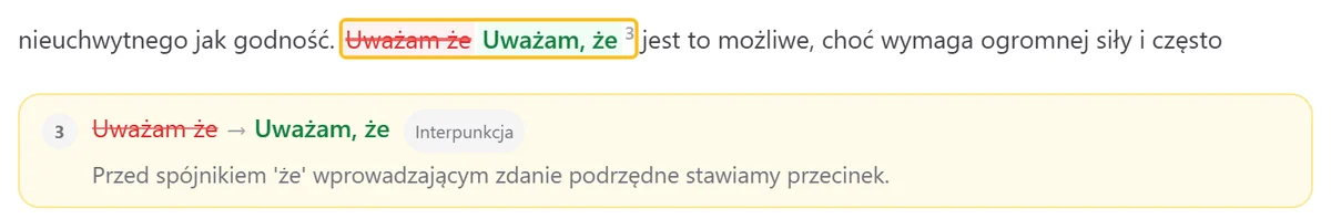 Zbliżenie jednej poprawki: „Uważam że” przekreślone, obok „Uważam, że”, pod spodem wyjaśnienie o przecinku przed „że” i kategoria Interpunkcja