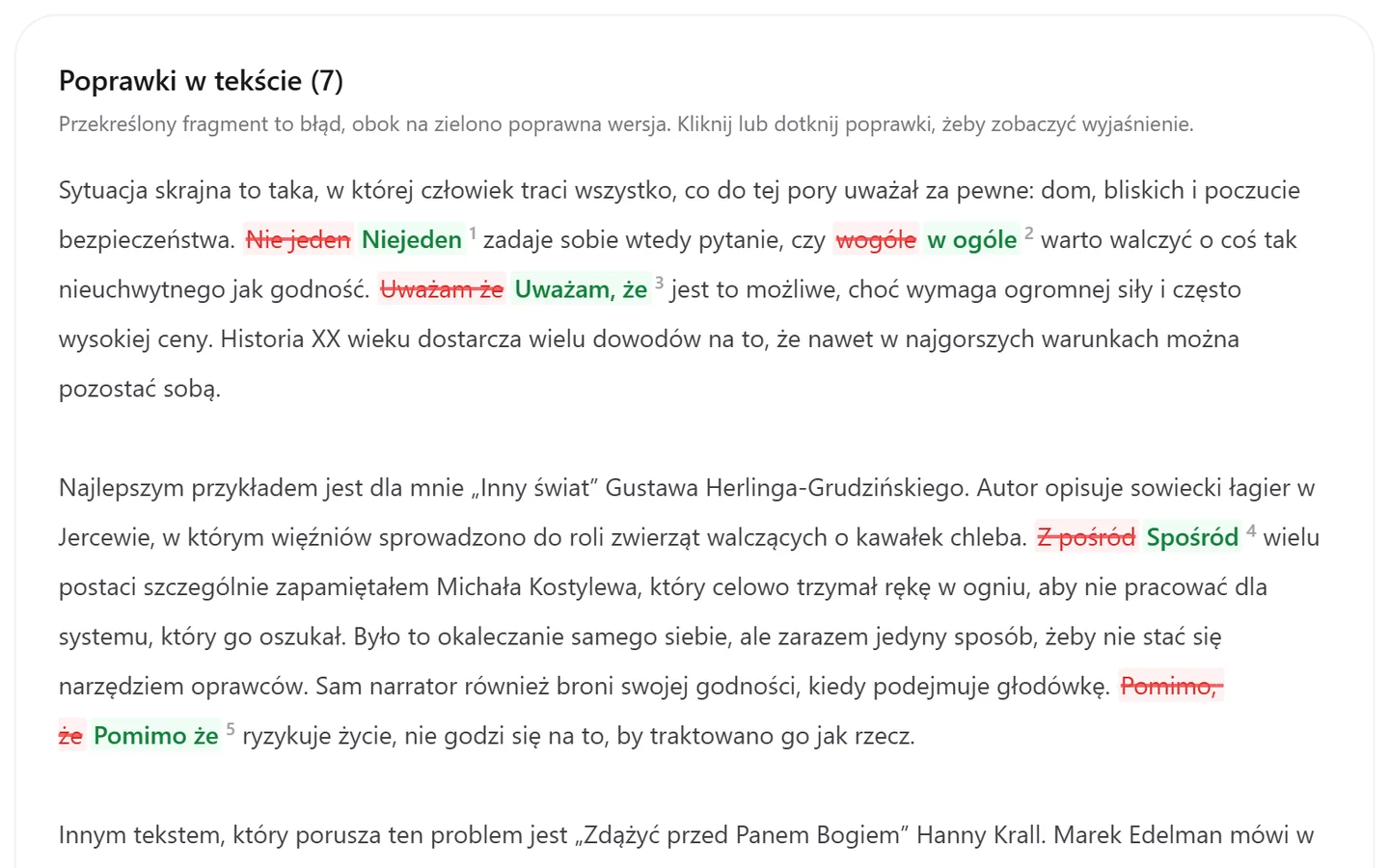 Poprawki w tekście w Matury Online — wypracowanie z polskiego o godności w sytuacji skrajnej („Inny świat”), z akapitami jak w oryginale; błędy przekreślone na czerwono, poprawne wersje na zielono obok, z numerami poprawek