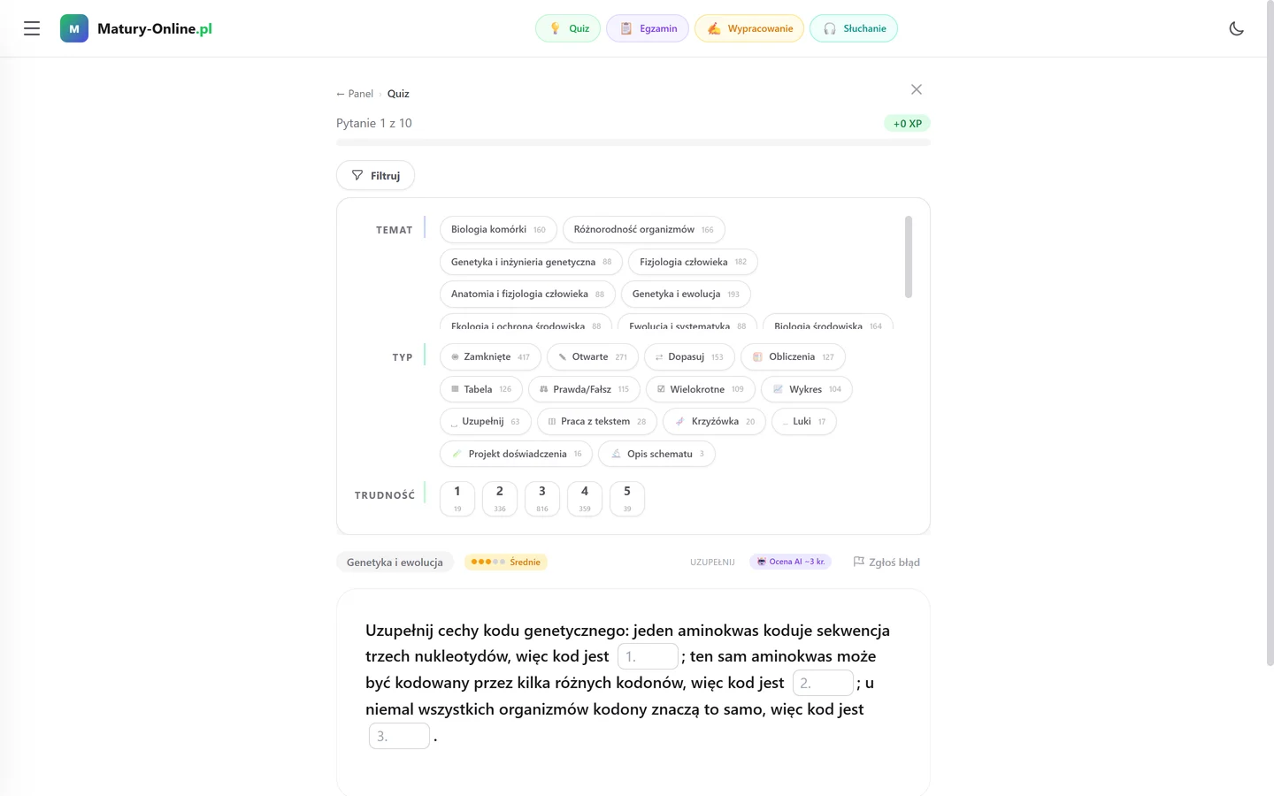 Quiz w Matury Online — panel „Filtruj”: Biologia, wybór tematu, typu zadania i trudności 1–5 z liczbą pytań przy każdej opcji