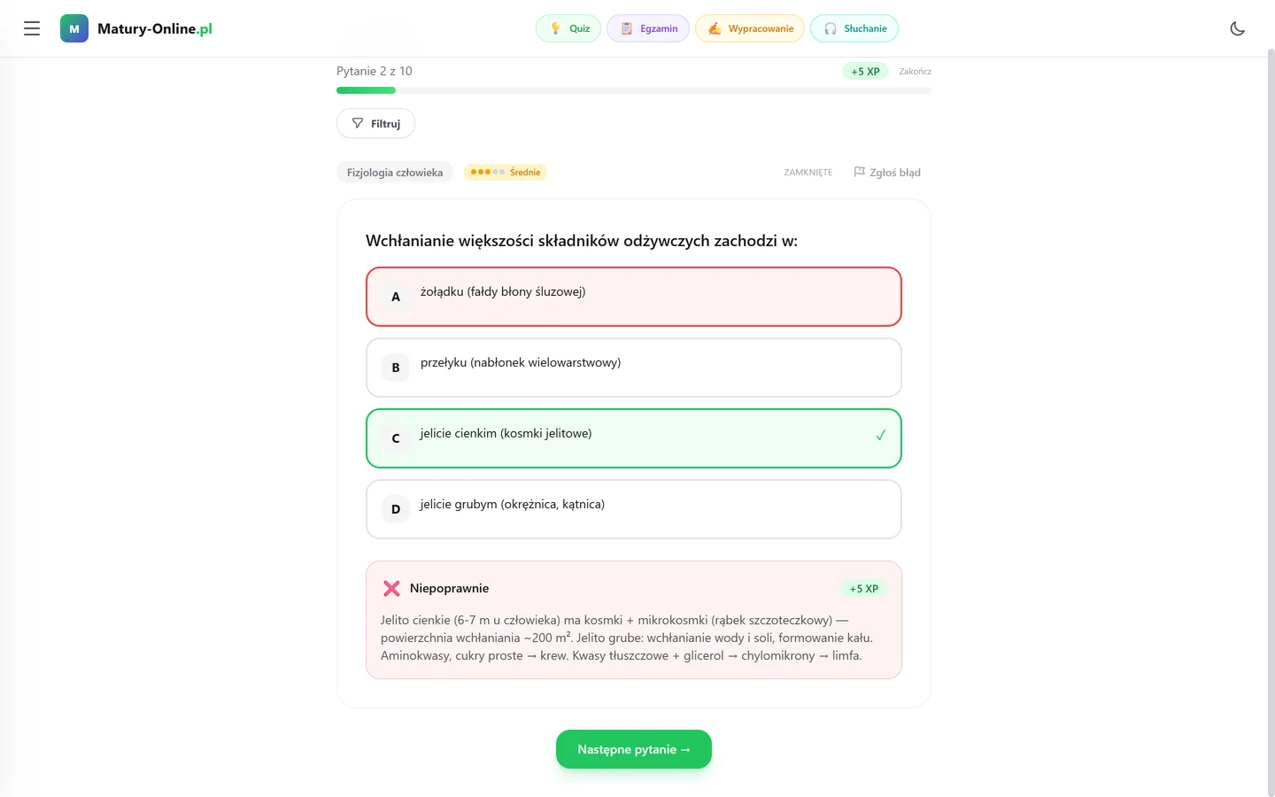 Quiz w Matury Online — Biologia: zaznaczona odpowiedź, poprawna odpowiedź na zielono i wyjaśnienie pod pytaniem