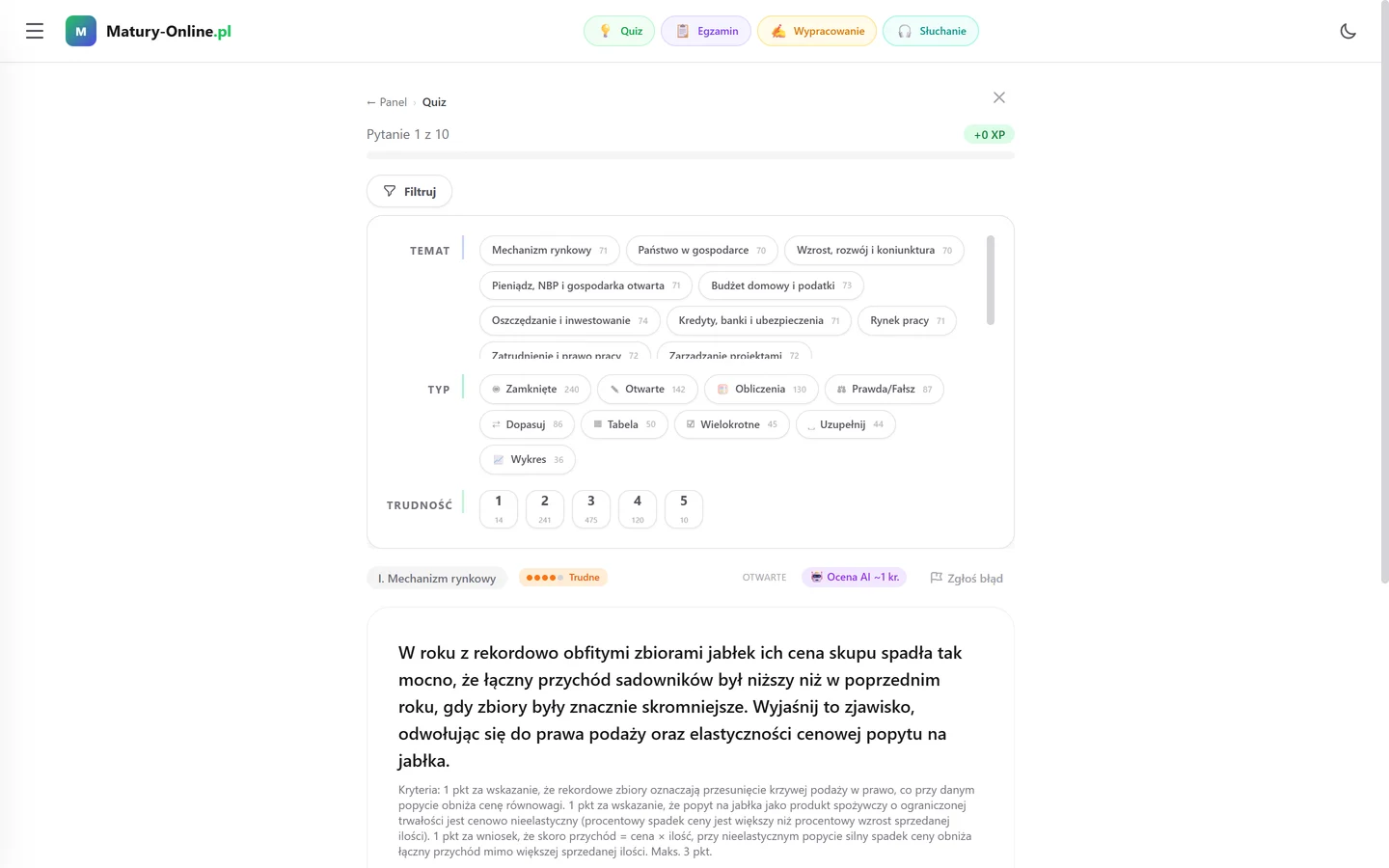 Quiz w Matury Online — panel „Filtruj”: Biznes i zarządzanie, wybór tematu, typu zadania i trudności 1–5 z liczbą pytań przy każdej opcji