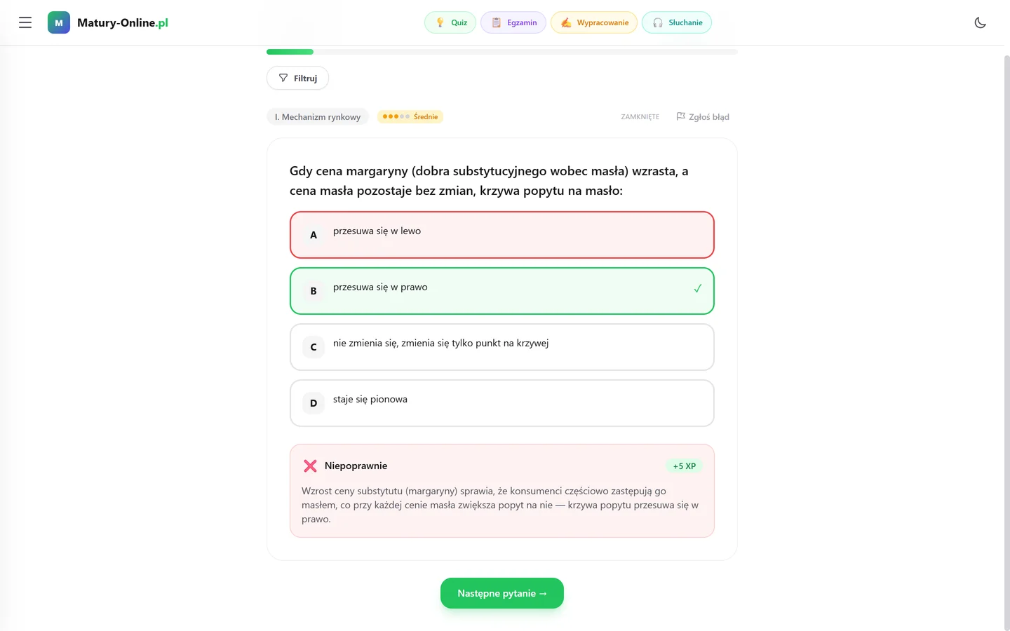 Quiz w Matury Online — Biznes i zarządzanie: zaznaczona odpowiedź, poprawna odpowiedź na zielono i wyjaśnienie pod pytaniem