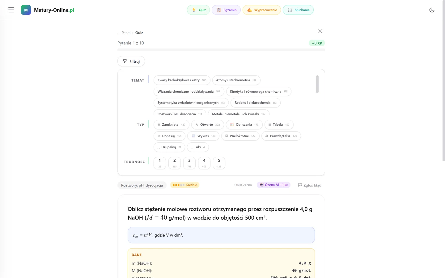 Quiz w Matury Online — panel „Filtruj”: Chemia, wybór tematu, typu zadania i trudności 1–5 z liczbą pytań przy każdej opcji