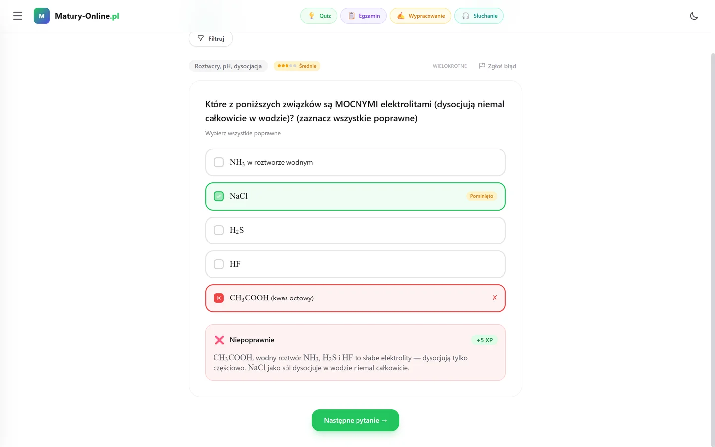 Quiz w Matury Online — Chemia: zaznaczona odpowiedź, poprawna odpowiedź na zielono i wyjaśnienie pod pytaniem