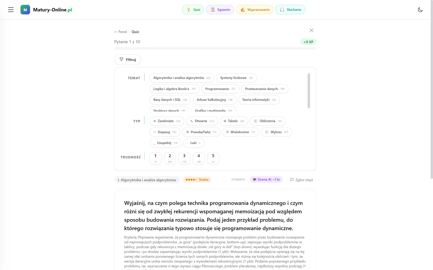 Quiz w Matury Online — panel „Filtruj”: Informatyka, wybór tematu, typu zadania i trudności 1–5 z liczbą pytań przy każdej opcji