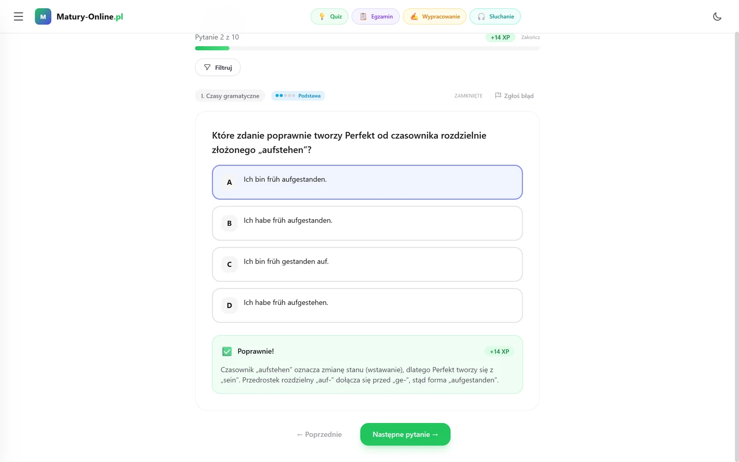 Quiz w Matury Online — Język niemiecki: zaznaczona odpowiedź, poprawna odpowiedź na zielono i wyjaśnienie pod pytaniem