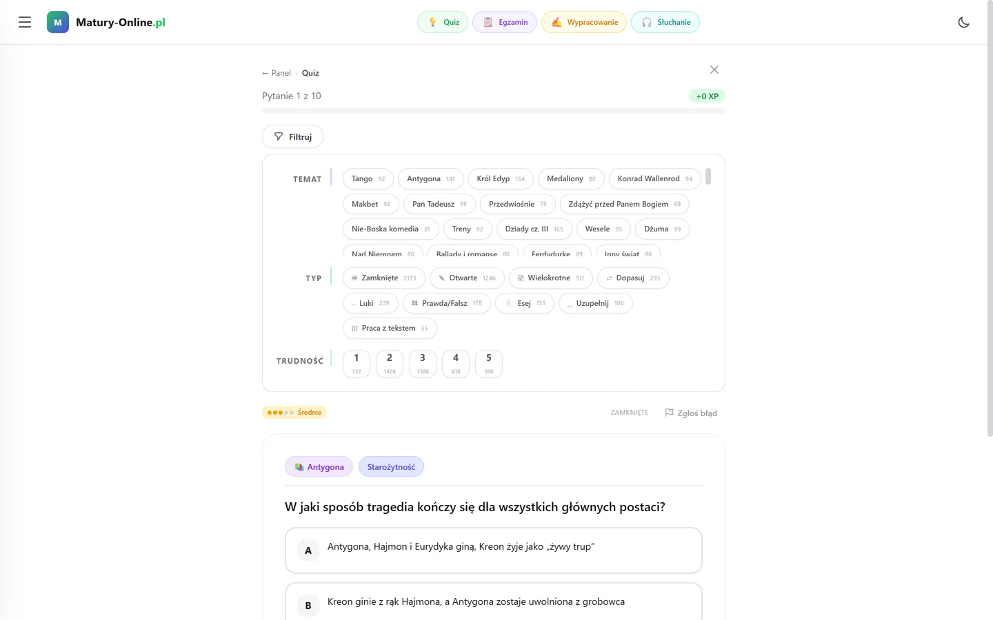 Quiz w Matury Online — panel „Filtruj”: Język polski, wybór tematu, typu zadania i trudności 1–5 z liczbą pytań przy każdej opcji